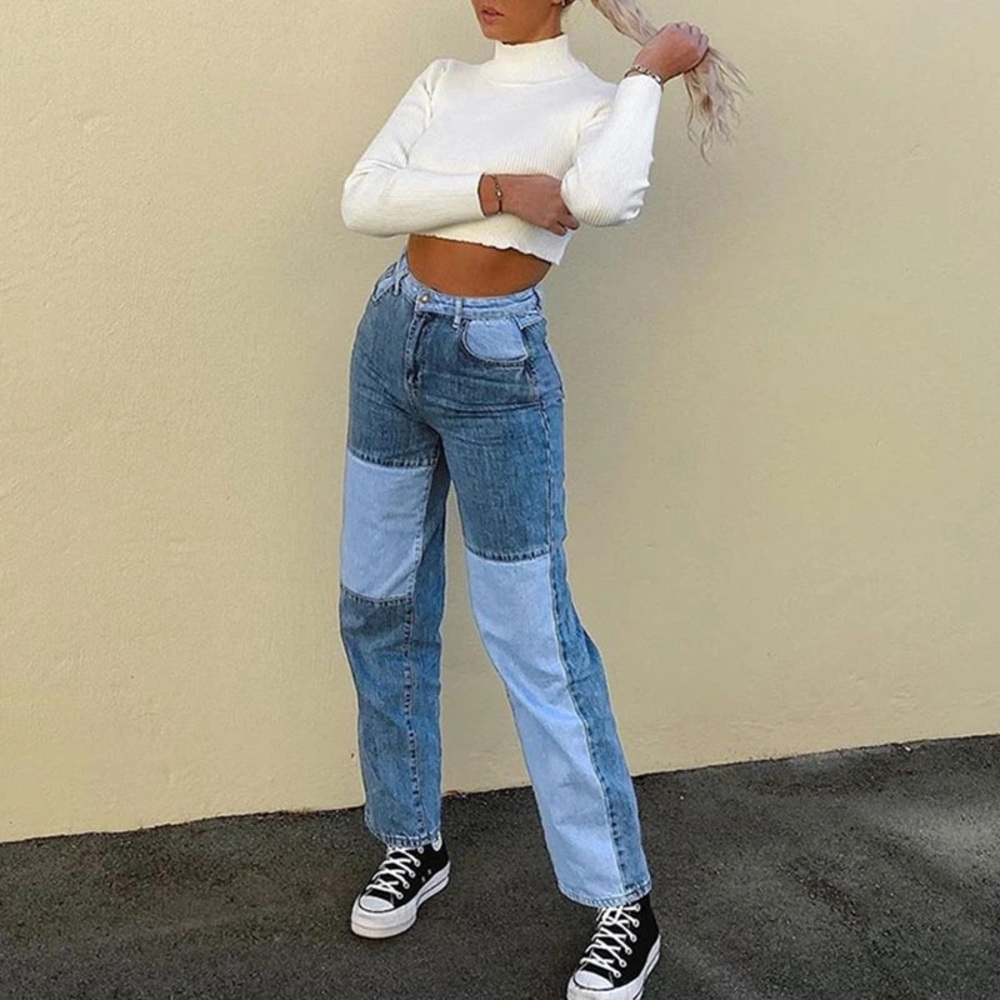 Color Block Patchwork Single Button Jeans - image 2